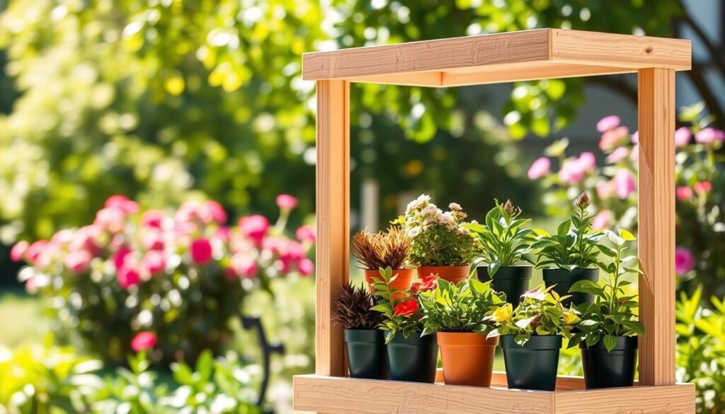 A simple 2x3 wood frame plant shelf designed for outdoor use, showcasing its sturdy structure and natural wood grain. In the foreground, the plant shelf is filled with an array of vibrant pots containing various plants, including leafy greens and colorful flowers. The middle ground features the shelf set against a soft-focus garden backdrop, with lush greenery and blooming plants creating a serene atmosphere. Bright, natural light filters through the leaves, casting gentle shadows that highlight the wood's texture. The angle captures the shelf from a slightly lower perspective, emphasizing its height and construction details. The overall mood is fresh, inviting, and perfect for a DIY gardening theme.