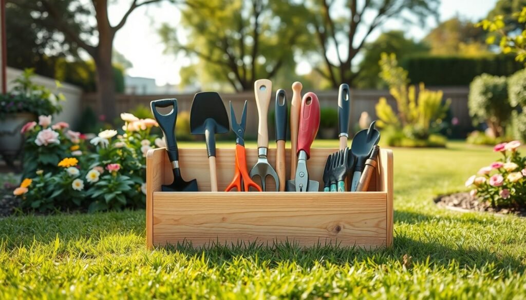 A simple garden tool organizer made from natural wood, featuring multiple compartments for tools like rakes, spades, and pruning shears. In the foreground, showcase the organizer filled with various garden tools, arranged neatly and easily accessible. The middle ground depicts a vibrant, well-maintained backyard setting, with green grass and blooming flowers surrounding the organizer. In the background, include a clear sky with soft, diffused sunlight filtering through trees, creating a warm and inviting atmosphere. Use a wide-angle view to capture the entire scene, emphasizing the organization and tidiness of the workspace. The overall mood should be serene and inspiring, highlighting a clean and efficient gardening experience.