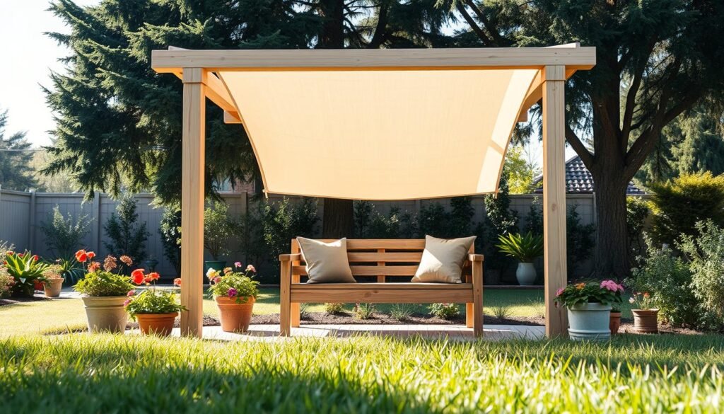 A simple wood shade frame stands elegantly in a cozy backyard garden seating area. The frame, constructed from light-toned, unfinished wood, features a sturdy yet minimalist design, allowing for a soft drape of cream-colored fabric to create shade above. In the foreground, sun-dappled grass adds a touch of vibrancy, while potted plants with colorful flowers flank the frame. In the middle ground, a rustic wooden bench is invitingly placed underneath the shade, adorned with fluffy cushions in earthy tones. The background reveals a serene garden with tall trees, bathed in bright natural light, casting gentle shadows. The atmosphere is calm and refreshing, enhanced by soft sunlight filtering through the leaves, creating a perfect spot for relaxation and gathering. Shot from a low angle to highlight the frame’s structure and the inviting space below.