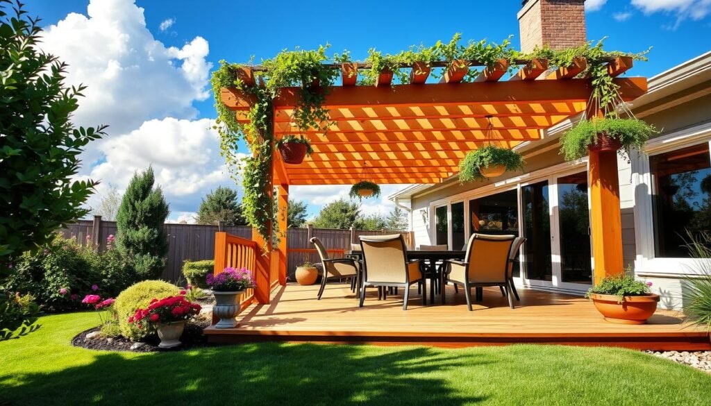 A spacious, inviting backyard deck featuring a beautifully constructed pergola, made of warm-toned wood, adorned with climbing greenery and hanging potted plants. In the foreground, a stylish outdoor dining set with comfortable chairs invites relaxation. The middle ground features the pergola, casting soft shadows on the deck, surrounded by vibrant flower beds and lush grass. In the background, a clear blue sky with fluffy white clouds enhances the bright atmosphere. The scene is bathed in soft, natural sunlight, creating an airy and cheerful mood. The angle is slightly elevated to capture the full extent of the deck and its surroundings, emphasizing the importance of thoughtful design in outdoor spaces.