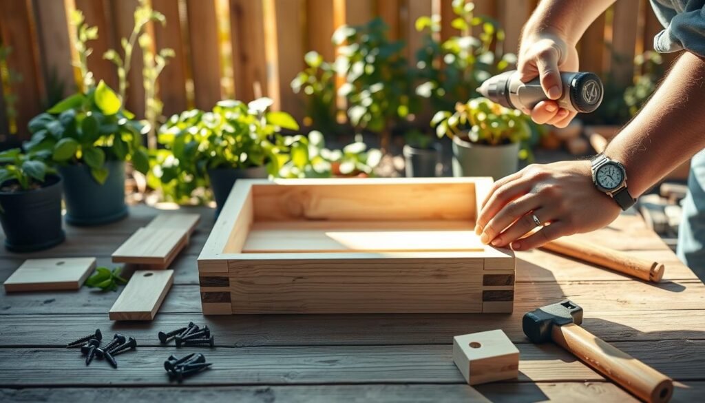 A step-by-step assembly of a simple herb box, showcasing the components laid out: wooden planks, screws, and tools like a drill and hammer. In the foreground, hands carefully constructing the box, wearing modest casual clothing. The middle of the scene features the partially assembled herb box with a focus on joinery details and a measuring tape. The background displays a sunny backyard garden in soft sunlight, with a few potted herbs like basil and parsley nearby. The atmosphere is inviting and productive, with bright natural light accentuating the textures of the wood and greenery, creating a sense of warmth and DIY spirit. Use a realistic and well-composed angle that highlights the assembly process. No text or watermarks present. A step-by-step assembly of a simple herb box, showcasing the components laid out: wooden planks, screws, and tools like a drill and hammer. In the foreground, hands carefully constructing the box, wearing modest casual clothing. The middle of the scene features the partially assembled herb box with a focus on joinery details and a measuring tape. The background displays a sunny backyard garden in soft sunlight, with a few potted herbs like basil and parsley nearby. The atmosphere is inviting and productive, with bright natural light accentuating the textures of the wood and greenery, creating a sense of warmth and DIY spirit. Use a realistic and well-composed angle that highlights the assembly process. No text or watermarks present.