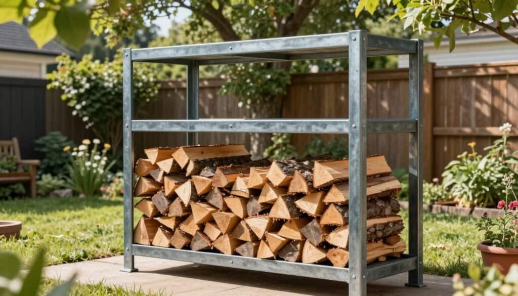A sturdy industrial steel firewood rack stands prominently in a well-organized backyard, bathed in bright natural light. The rack is constructed with thick, welded steel beams, showcasing a raw, industrial aesthetic, perfect for holding neatly stacked firewood. In the foreground, piles of seasoned logs align vertically, demonstrating an efficient storage method. The middle ground captures the firewood rack's design details, including its robust crossbars and weatherproof finish, creating a functional yet visually appealing structure. In the background, the lush greenery of a backyard garden and a wooden fence enhance the outdoor ambiance, while soft sunlight filters through tree leaves, casting gentle shadows. This setting conveys a sense of accomplishment and craftsmanship, ideal for DIY enthusiasts.