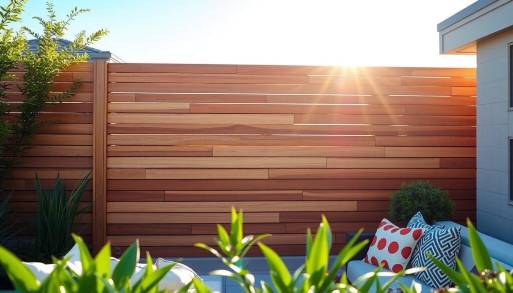 A stylish backyard scene featuring modern horizontal slat privacy walls made of smooth, natural wood. In the foreground, there are vibrant green plants and decorative outdoor cushions, creating a cozy seating area. The middle ground showcases the sleek, uniform slats of the privacy wall, crafted with precision and evenly spaced to allow glimpses of sunlight filtering through. The background reveals a clear blue sky and soft sunlight bathing the entire setting in a warm, inviting glow, enhancing the natural beauty of the wood. The image captures a serene atmosphere, ideal for relaxation and privacy, with a focus on organic textures and clean lines. A stylish backyard scene featuring modern horizontal slat privacy walls made of smooth, natural wood. In the foreground, there are vibrant green plants and decorative outdoor cushions, creating a cozy seating area. The middle ground showcases the sleek, uniform slats of the privacy wall, crafted with precision and evenly spaced to allow glimpses of sunlight filtering through. The background reveals a clear blue sky and soft sunlight bathing the entire setting in a warm, inviting glow, enhancing the natural beauty of the wood. The image captures a serene atmosphere, ideal for relaxation and privacy, with a focus on organic textures and clean lines.