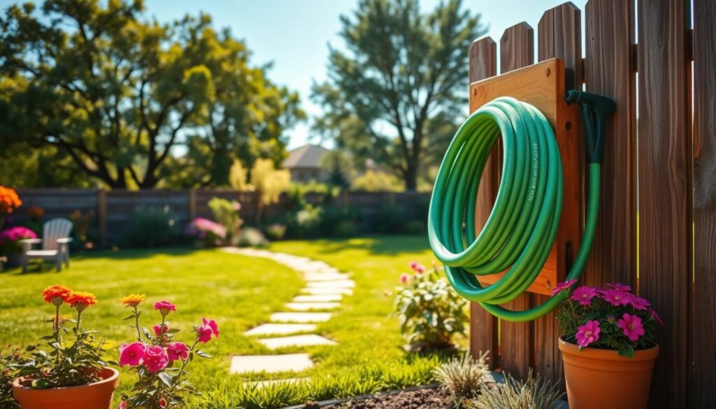 A stylish garden hose management scene featuring a beautifully designed wooden hose holder mounted on a rustic fence, with a neatly coiled garden hose in vibrant green. In the foreground, show a few colorful flowering plants in terracotta pots, adding life to the setting. In the middle ground, include a well-maintained lawn with a hint of a garden path made of natural stone, leading to a cozy, sunlit backyard space. The background showcases lush trees softly swaying in a gentle breeze, under a clear blue sky. The atmosphere should be bright and welcoming, with soft sunlight casting gentle shadows, creating a cheerful and organized outdoor space. Use a slightly elevated angle to capture the entirety of the garden arrangement vividly.