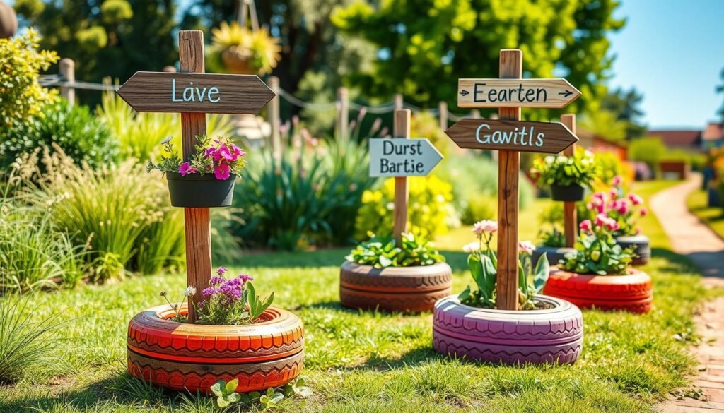 A stylish garden scene featuring unique tire planter sign post combinations. In the foreground, rustic wooden sign posts are mounted on colorful, upcycled tires, filled with vibrant flowers and greenery. Each sign features handmade, artistically painted markers indicating various garden features, with a focus on creativity and DIY spirit. In the middle ground, well-tended grass and additional tire planters add depth, surrounded by sunlight bathing the scene in a warm glow. The background reveals a softly blurred garden path, dotted with lush plants, under a bright blue sky. Capture the essence of a cheerful, welcoming outdoor space, embodying a harmonious blend of nature and artistic expression, under soft, natural lighting.