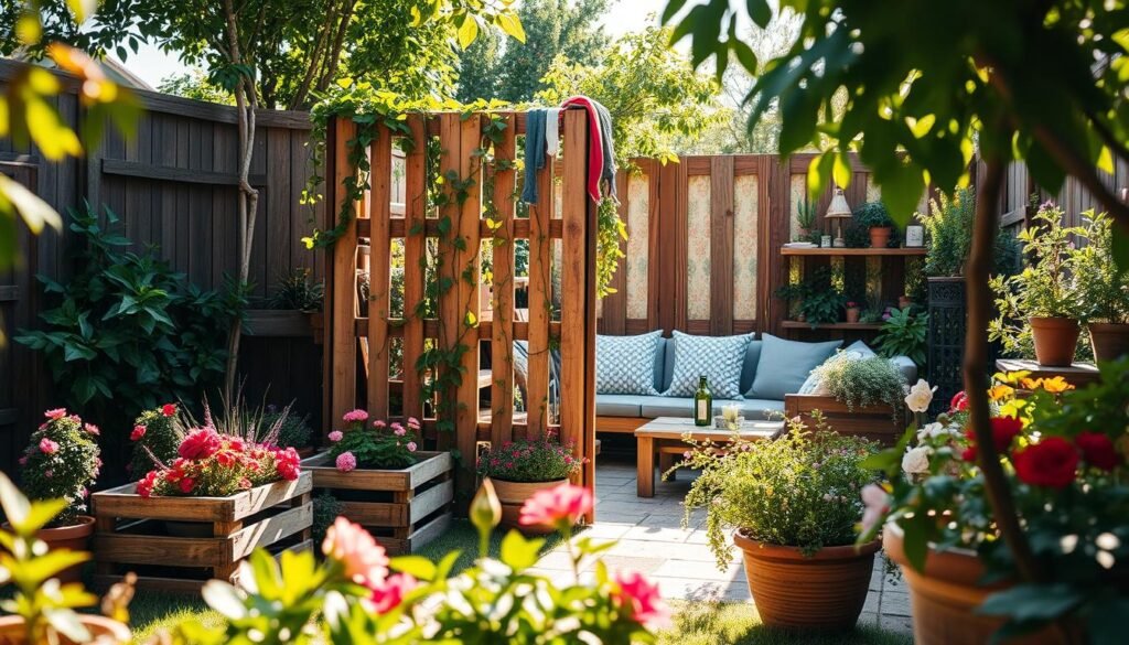 A stylish garden space featuring a privacy screen made from creatively upcycled materials. In the foreground, vibrant potted plants and rustic wooden crates filled with flowers. The middle ground showcases a unique privacy barrier crafted from repurposed wooden pallets, adorned with climbing vines and colorful fabric scraps. In the background, a sunlit, inviting seating area with soft cushions, surrounded by greenery. The scene is bathed in bright natural light with soft sunlight filtering through the leaves, creating an airy atmosphere. Captured at a slightly elevated angle to emphasize both the privacy screen and the cozy garden nook, evoking a sense of tranquility and creative sustainability. A stylish garden space featuring a privacy screen made from creatively upcycled materials. In the foreground, vibrant potted plants and rustic wooden crates filled with flowers. The middle ground showcases a unique privacy barrier crafted from repurposed wooden pallets, adorned with climbing vines and colorful fabric scraps. In the background, a sunlit, inviting seating area with soft cushions, surrounded by greenery. The scene is bathed in bright natural light with soft sunlight filtering through the leaves, creating an airy atmosphere. Captured at a slightly elevated angle to emphasize both the privacy screen and the cozy garden nook, evoking a sense of tranquility and creative sustainability.