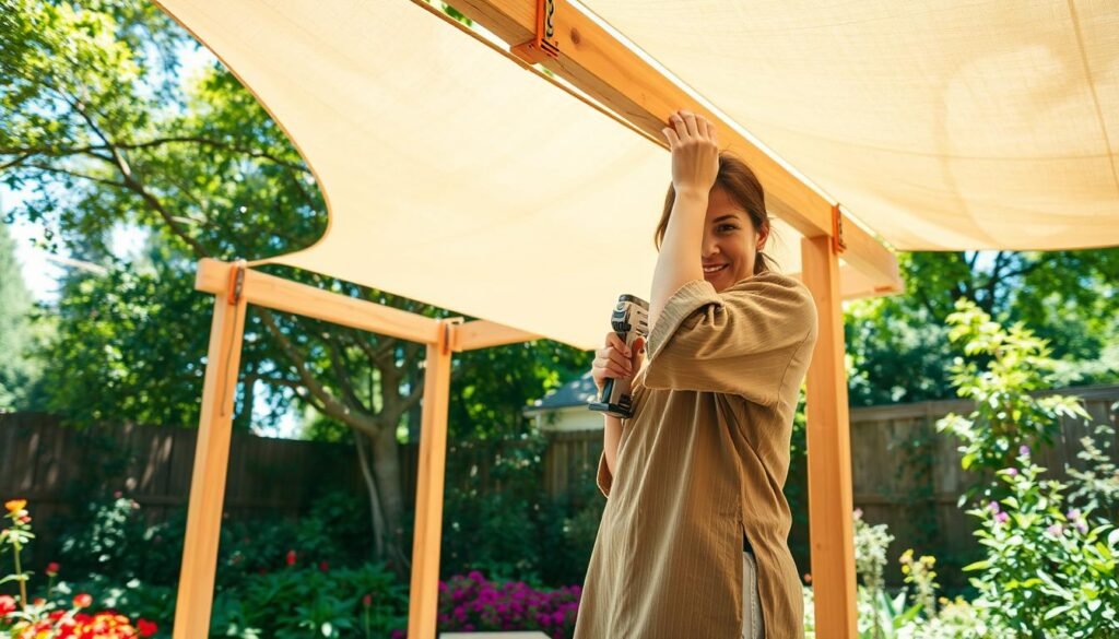 A sunny backyard scene featuring a DIY shade frame being installed over a garden seating area. In the foreground, a person in casual, modest clothing is securing a large piece of fabric to a wooden frame with a stapler, showing a focused expression. The middle section includes a partially built frame made of sturdy wood, demonstrating the process of installation, with tools like a hammer and measuring tape nearby. In the background, a lush garden filled with vibrant flowers and greenery provides a tranquil atmosphere. The lighting is bright and natural, with soft sunlight filtering through the trees, creating an inviting and airy ambiance. The angle captures the action while emphasizing the beauty of the garden setting.