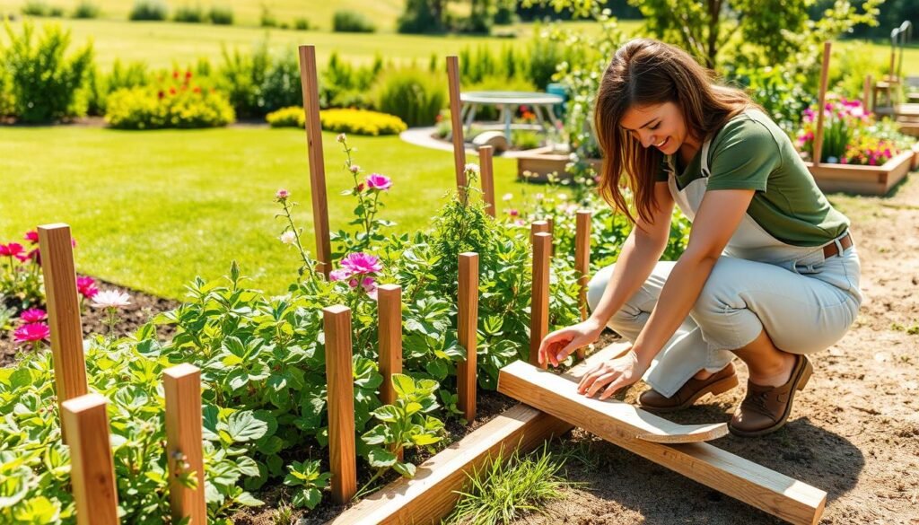 A sunny garden scene featuring the installation of wooden garden borders. In the foreground, a skilled gardener in casual, modest clothing kneels beside freshly cut wooden planks, carefully measuring and preparing to install them. The middle ground includes wooden stakes for anchoring the borders, with lush green plants and colorful flowers surrounding the area. In the background, a vibrant landscape showcases a well-maintained lawn and additional garden beds under soft, natural sunlight. The scene is bright and inviting, conveying a cheerful, productive weekend atmosphere. Capture the moment with a focus on the hands-on work and the beauty of nature, using a slightly elevated angle to provide a comprehensive view of the installation process.