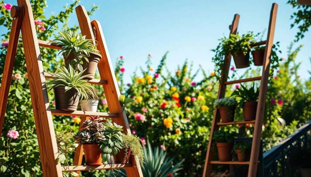 A sunny outdoor setting featuring a simple garden ladder plant display. In the foreground, a beautifully crafted wooden ladder stands against a vibrant green backdrop, showcasing a variety of potted plants in different shapes and colors, including leafy ferns, blooming flowers, and trailing vines. The middle ground highlights the lush garden with colorful blooms and greenery shedding soft natural light on the display, creating an inviting atmosphere. In the background, a clear blue sky enhances the mood of tranquility and relaxation. The scene is bathed in warm, soft sunlight, casting gentle shadows and emphasizing the rustic texture of the wood. The focus is sharp, capturing the details of the plants and the craftsmanship of the ladder, evoking a sense of peaceful outdoor decor.