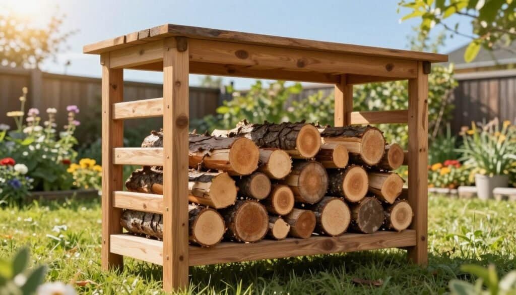 A traditional wooden firewood rack, crafted from sturdy cedar, showcases a rustic design with slatted sides and a weathered finish. In the foreground, neatly stacked logs of various sizes fill the rack, emphasizing the practical aspect of firewood storage. The middle ground features vibrant greenery of a backyard garden, with blooming flowers and well-maintained grass that enhance the outdoor setting. The background reveals a clear blue sky, softly illuminated by warm, golden sunlight filtering through the leaves, creating an inviting atmosphere. Capture the image at a slight angle to highlight the texture of the wood and the organization of the logs, ensuring a well-lit, airy feel that embodies the charm of DIY woodworking. No text or watermarks.