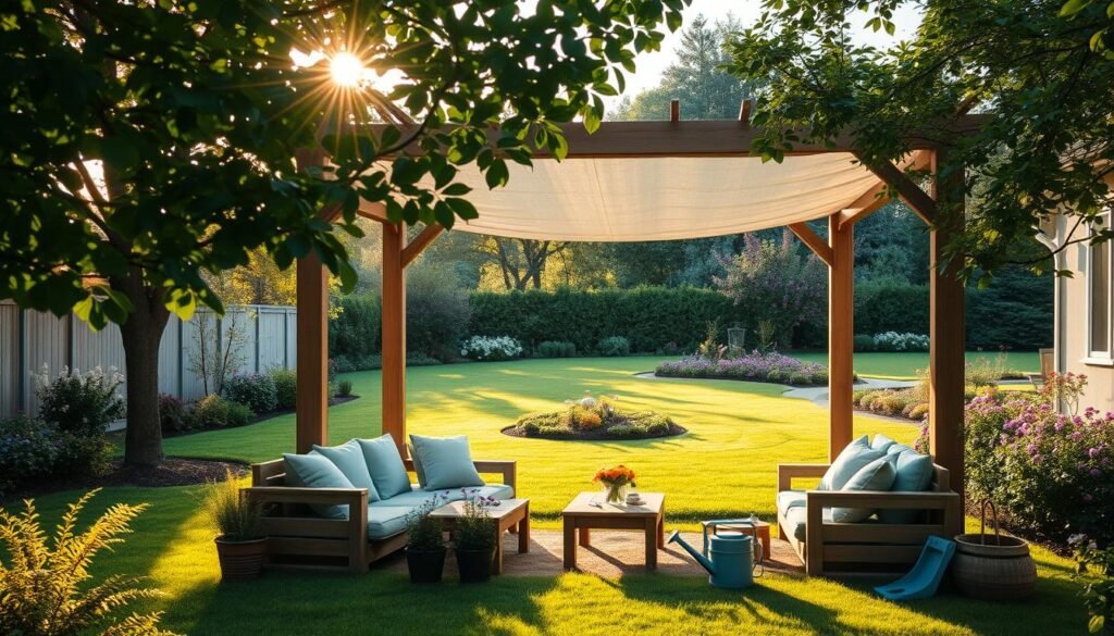 A tranquil backyard during late afternoon with soft, warm sunlight filtering through leafy trees, highlighting a well-maintained shade frame made of wood. In the foreground, a beautifully arranged garden seating area features comfortable cushions and potted plants to enhance the inviting atmosphere. The middle ground showcases the sturdy shade frame, adorned with a light fabric canopy gently billowing in the breeze, casting dappled shadows on the ground. The background reveals a lush green lawn and colorful flowerbeds, creating a serene and vibrant garden setting. Capture the essence of seasonal maintenance with tools like a watering can and pruning shears subtly placed nearby, emphasizing care and attention. The scene should exude a peaceful, cozy, and harmonious vibe, inviting viewers to imagine relaxing in this idyllic space.