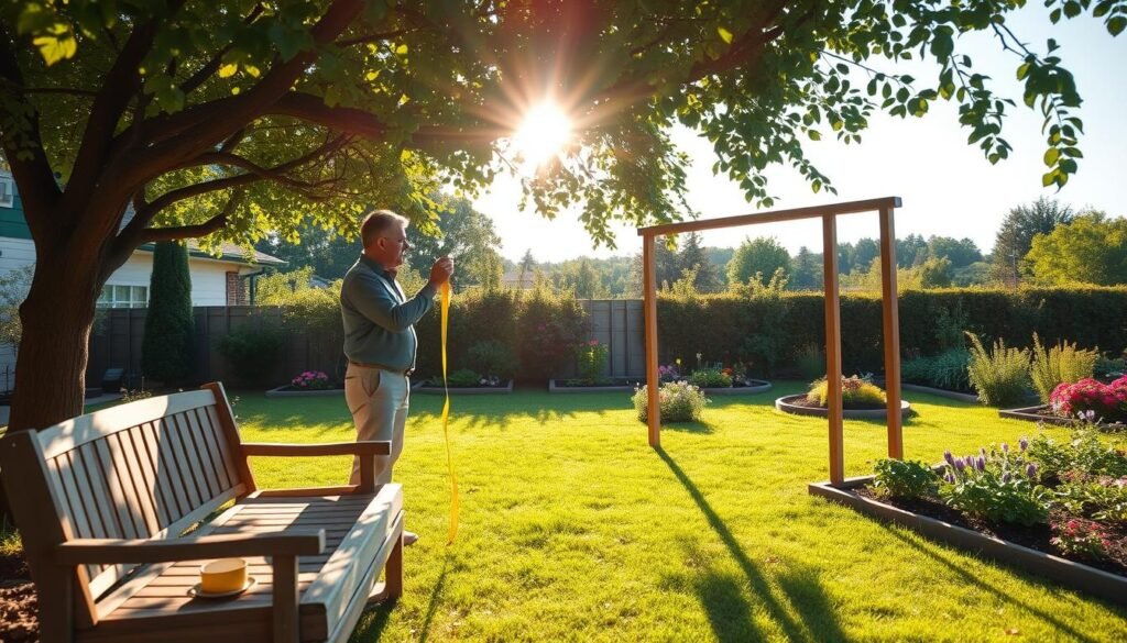 A tranquil backyard garden space, featuring a well-maintained lawn, shade trees, and blooming flowers. In the foreground, a wooden garden seating area is softly illuminated by bright, natural sunlight filtering through the leaves. A homeowner, dressed in modest casual clothing, examines the area with a measuring tape, contemplating the ideal placement for a shade frame. The midground showcases garden beds filled with vibrant plants, while the background features a clear blue sky and distant greenery. The scene conveys a sense of relaxation and contemplation, perfect for DIY enthusiasts assessing their outdoor area. Ensure the lighting is warm and inviting, casting gentle shadows that enhance the peaceful atmosphere.