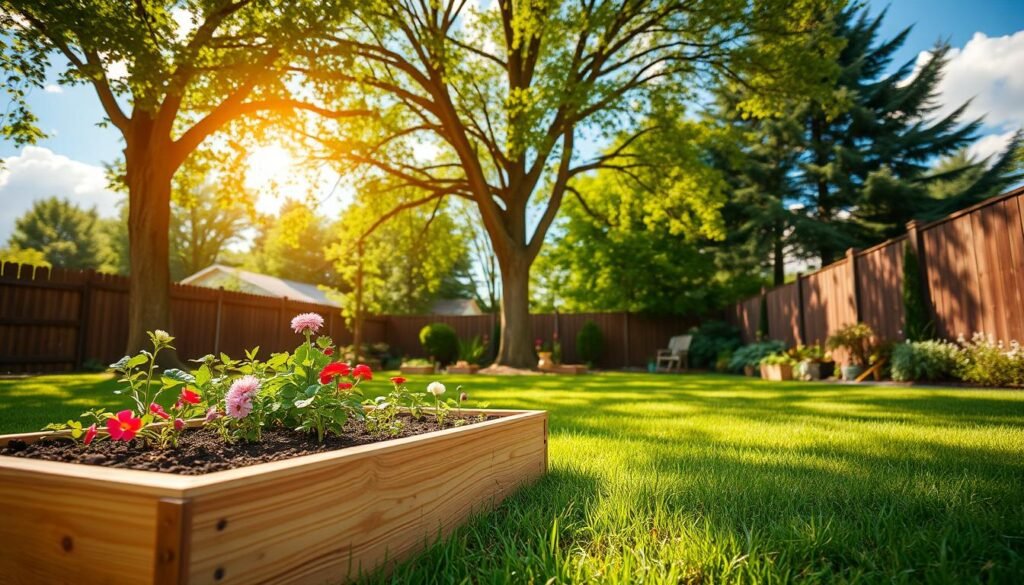 A tranquil backyard scene featuring a raised garden bed in the foreground, crafted from natural wood with vibrant soil and an assortment of colorful flowers and vegetables planted inside. In the middle ground, lush green grass surrounds the garden bed, with a wooden fence partially visible. In the background, tall trees provide dappled shade, while a clear blue sky with soft, fluffy clouds enhances the serene atmosphere. The lighting is bright and natural, with golden sunlight filtering through the leaves, casting gentle shadows. The angle captures the location's overall charm, suggesting a perfect spot for gardening. The mood is peaceful and inviting, creating a sense of harmony with nature.