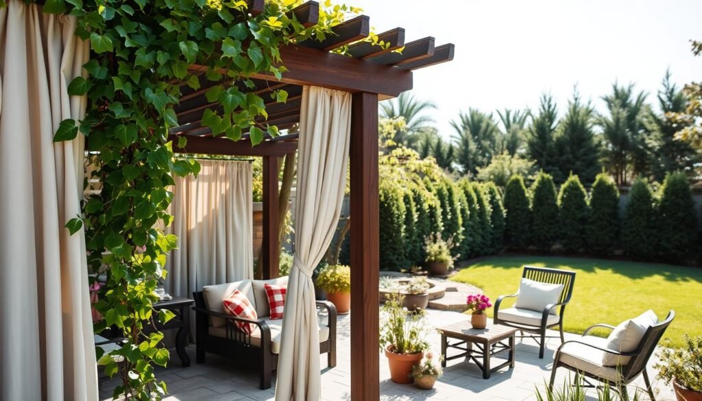 A tranquil backyard setting featuring a beautifully designed privacy pergola made of rich, dark wood. In the foreground, the pergola is adorned with vibrant climbing vines and soft, billowing curtains that flutter gently in the breeze, creating a cozy, secluded atmosphere. The middle ground showcases a charming stone patio filled with tasteful outdoor furniture—comfortable cushions, a rustic table, and potted plants. In the background, a well-manicured lawn is visible, bordered by tall greenery and trees that enhance the private feel of the space. The scene is illuminated by bright, natural sunlight filtering through the pergola, casting soft shadows and adding warmth. The mood is peaceful and inviting, perfect for relaxation or gathering with friends outdoors, captured from a slightly elevated angle for a comprehensive view of the design.