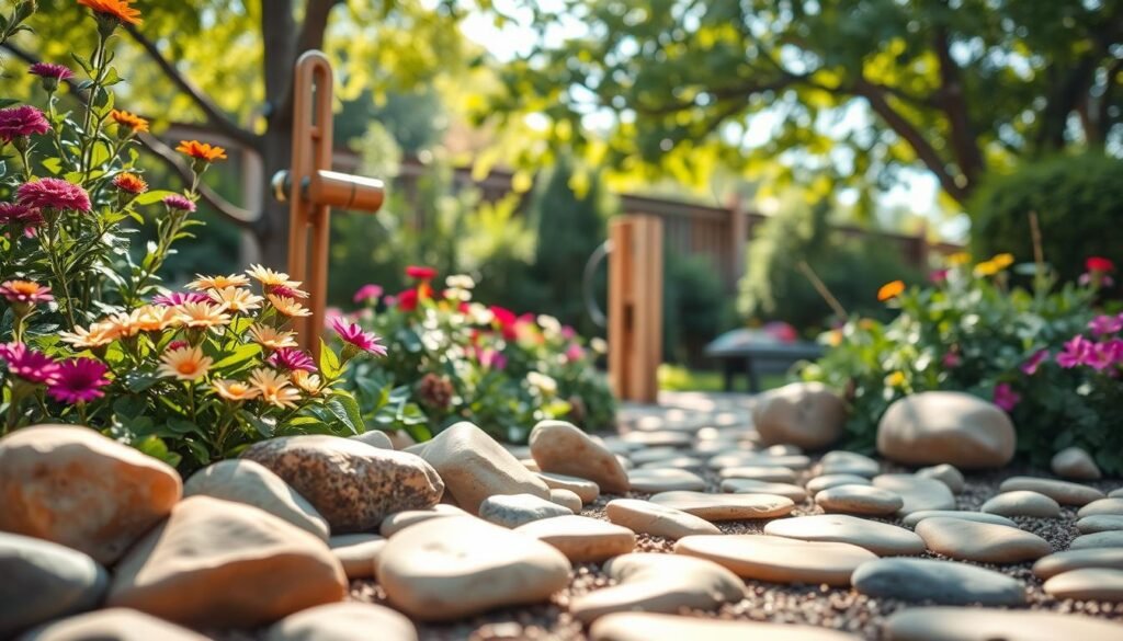 A tranquil garden scene featuring decorative stones integrated harmoniously into the landscape. In the foreground, a variety of smooth, polished river stones in earthy tones lie artfully arranged among vibrant flowering plants and lush green foliage. The middle ground showcases a rustic wooden garden hose holder, elegantly crafted and seamlessly blending with the natural elements. In the background, soft sunlight filters through the leaves of a nearby tree, casting gentle shadows across the garden. The atmosphere is peaceful and inviting, perfect for outdoor relaxation. The composition is captured from a slightly elevated angle, allowing for a depth of field that brings the viewer into this serene outdoor space. The lighting is bright and airy, enhancing the colors and textures of the scene.