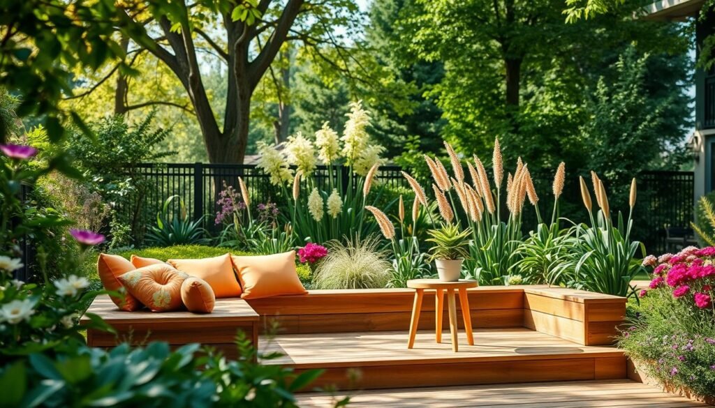 A tranquil garden seating area designed for relaxation, featuring a beautifully crafted wooden seating platform surrounded by lush greenery and blooming flowers. In the foreground, there are comfortable, brightly colored cushions arranged on the platform, along with a chic wooden side table adorned with a small potted plant. The middle ground showcases a variety of plants, including flowering shrubs and ornamental grasses, creating a sense of depth. In the background, tall trees provide dappled sunlight, enhancing the peaceful ambiance. The scene is bathed in soft, natural light, creating gentle shadows and highlighting the textures of the wood. The overall mood is serene and inviting, perfect for a backyard retreat. A tranquil garden seating area designed for relaxation, featuring a beautifully crafted wooden seating platform surrounded by lush greenery and blooming flowers. In the foreground, there are comfortable, brightly colored cushions arranged on the platform, along with a chic wooden side table adorned with a small potted plant. The middle ground showcases a variety of plants, including flowering shrubs and ornamental grasses, creating a sense of depth. In the background, tall trees provide dappled sunlight, enhancing the peaceful ambiance. The scene is bathed in soft, natural light, creating gentle shadows and highlighting the textures of the wood. The overall mood is serene and inviting, perfect for a backyard retreat.