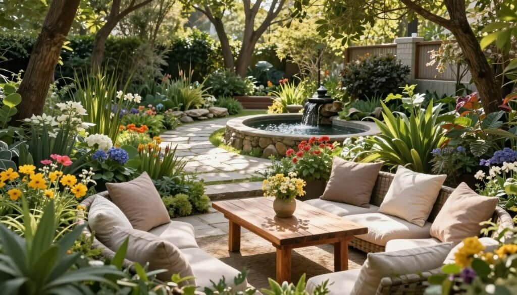 A tranquil outdoor oasis design featuring a beautifully arranged garden patio. In the foreground, a cozy seating area with plush, neutral-toned cushions and a rustic wooden coffee table surrounded by lush greenery and vibrant flowers. In the middle ground, a charming stone pathway leads to a decorative water feature, with gentle flowing water creating a soothing ambiance. The background showcases tall trees filtering soft sunlight, creating dappled shadows on the ground. The scene is bathed in warm, natural light, enhancing the bright colors of the flowers and foliage. The mood is serene and inviting, perfect for relaxation and enjoying nature. Capture the image from a slightly elevated angle to showcase the layout and depth of this idyllic retreat.