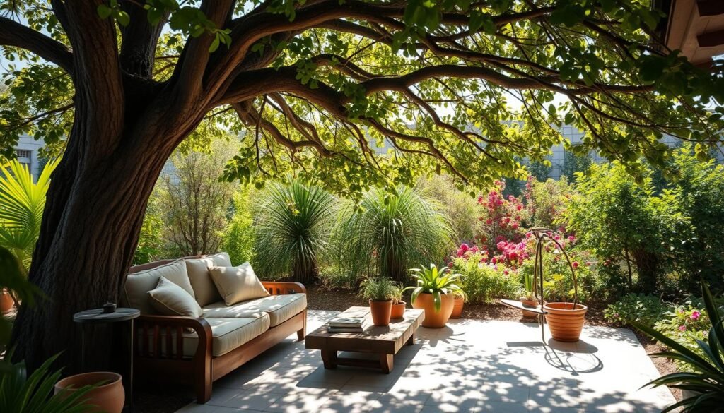 A tranquil patio nestled under the shade of a mature, leafy tree, surrounded by vibrant greenery. In the foreground, a beautifully crafted wooden seating platform, adorned with soft cushions in earthy tones, invites relaxation. The middle ground features a rustic wooden table set with potted plants and a few books, creating an inviting atmosphere. Natural light filters through the tree leaves, casting dappled shadows on the patio, enhancing the serene feel. In the background, a lush garden blooms, framing the scene with vibrant colors. The overall mood is peaceful and inviting, perfect for backyard lounging. The image is captured with a wide-angle lens to encapsulate the space, illuminated by soft sunlight that adds warmth and vibrancy. A tranquil patio nestled under the shade of a mature, leafy tree, surrounded by vibrant greenery. In the foreground, a beautifully crafted wooden seating platform, adorned with soft cushions in earthy tones, invites relaxation. The middle ground features a rustic wooden table set with potted plants and a few books, creating an inviting atmosphere. Natural light filters through the tree leaves, casting dappled shadows on the patio, enhancing the serene feel. In the background, a lush garden blooms, framing the scene with vibrant colors. The overall mood is peaceful and inviting, perfect for backyard lounging. The image is captured with a wide-angle lens to encapsulate the space, illuminated by soft sunlight that adds warmth and vibrancy.