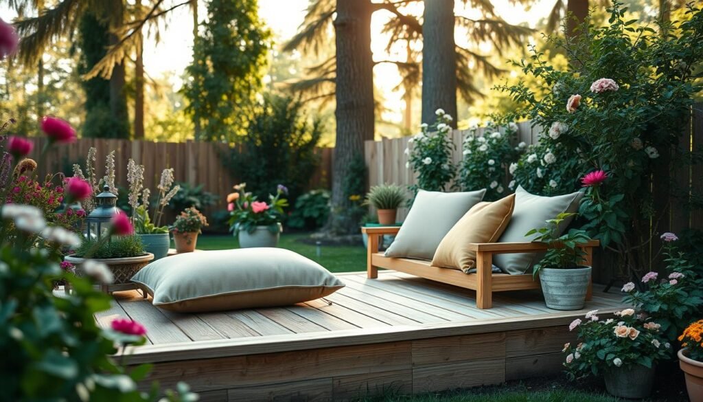 A transformed garden corner featuring a cozy DIY seating platform, carefully crafted from natural wood with a weathered finish, surrounded by lush greenery and blooming flowers. In the foreground, a plush outdoor cushion in soft earth tones is placed on the platform, inviting relaxation. The middle ground reveals a small, rustic table beside the seating, adorned with potted herbs and a decorative lantern. In the background, tall trees filter warm, soft sunlight, creating an inviting and tranquil atmosphere. The scene captures the essence of a serene retreat, with vivid colors harmonizing in bright natural light, emphasizing the charm of turning an empty space into a cozy outdoor getaway. Use a warm color palette to evoke comfort and tranquility, framing the image from a slight angle to enhance depth. A transformed garden corner featuring a cozy DIY seating platform, carefully crafted from natural wood with a weathered finish, surrounded by lush greenery and blooming flowers. In the foreground, a plush outdoor cushion in soft earth tones is placed on the platform, inviting relaxation. The middle ground reveals a small, rustic table beside the seating, adorned with potted herbs and a decorative lantern. In the background, tall trees filter warm, soft sunlight, creating an inviting and tranquil atmosphere. The scene captures the essence of a serene retreat, with vivid colors harmonizing in bright natural light, emphasizing the charm of turning an empty space into a cozy outdoor getaway. Use a warm color palette to evoke comfort and tranquility, framing the image from a slight angle to enhance depth.
