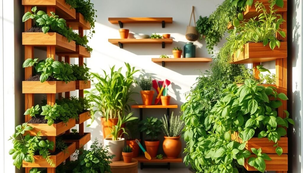A vertical herb garden kit featuring an array of lush, vibrant herbs like basil, thyme, and mint. The foreground showcases wooden planters in various sizes, stacked vertically with rich, dark soil and healthy green plants spilling over the edges. In the middle ground, there are decorative elements like small terracotta pots and colorful gardening tools. The background consists of a sunlit wall adorned with floating shelves, casting soft shadows in the bright, airy space. The scene is illuminated by warm, natural light, enhancing the texture of the wooden elements and the vivid green of the herbs. Captured from a slightly elevated angle to showcase depth and arrangement, the overall mood is inviting and inspiring, perfect for small space gardening enthusiasts.