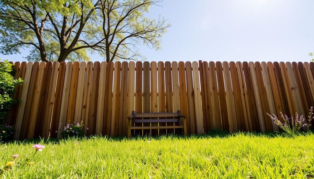 A vertical timber fence stands prominently in a serene backyard setting, crafted from rich, natural wood with visible grain patterns. In the foreground, the fence is framed by lush green grass, dotted with colorful flowers that add vibrancy to the scene. The middle ground features a simple wooden bench positioned against the fence, offering a sense of tranquility. In the background, a few trees gently sway in the soft breeze under a clear blue sky, with sunlight filtering through the leaves, casting dappled shadows on the ground. The scene is illuminated by bright, natural light, creating a warm and inviting atmosphere. The angle captures the fence head-on, showcasing its height and design while maintaining an airy and well-lit feel.