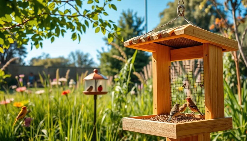 A vibrant DIY bird seed catcher designed for a backyard garden scene. In the foreground, a wooden bird seed catcher constructed from natural materials, featuring a slanted roof and mesh netting to catch spilled seeds. The middle ground holds a colorful bird feeder station with various bird species perched nearby, enjoying the feeding setup. In the background, a lush, green garden filled with blooming flowers and tall grass, under a clear blue sky. Soft, warm sunlight filters through the leaves, creating dappled shadows on the ground, lending a serene and inviting atmosphere. The composition should showcase a bright, cheerful image full of life and nature, with a focus on the clever design of the seed catcher.