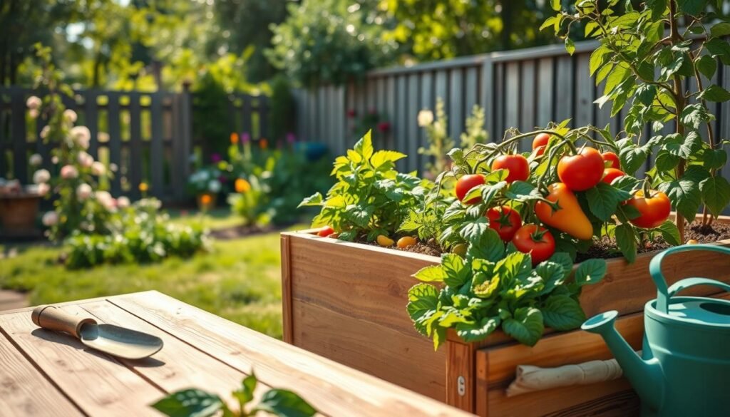 A vibrant backyard scene depicting the essential benefits of raised garden beds, featuring a beautifully constructed wooden raised garden bed filled with thriving vegetable plants such as tomatoes, lettuce, and peppers. In the foreground, include gardening tools like a trowel and a watering can on a wooden surface. The middle ground showcases the raised bed with lush greenery, while the background features a charming, sunlit garden with blooming flowers and a rustic fence. Use soft, natural sunlight to create an inviting, airy atmosphere, with a focus on details like the texture of the soil and the leaves. Opt for a wide-angle shot to capture the entire scene, emphasizing the organization and accessibility of the garden bed for home growers.