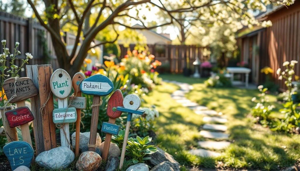 A vibrant collection of creative upcycled material garden path marker posts, showcasing various handmade markers crafted from reclaimed wood, colorful painted stones, and repurposed metal scraps. The foreground displays an artistic arrangement of uniquely shaped markers, each labeled with different plant names and decorative embellishments, like twine and small flowers. The middle ground features a rustic garden path winding through a lush backyard, adorned with blooming flowers and greenery. Soft sunlight filters through tree branches, casting gentle shadows across the scene. A blurred background complements the tranquil atmosphere, with hints of a wooden fence and garden furniture. The composition should evoke a warm, inviting ambiance, emphasizing sustainability and creativity in garden design.