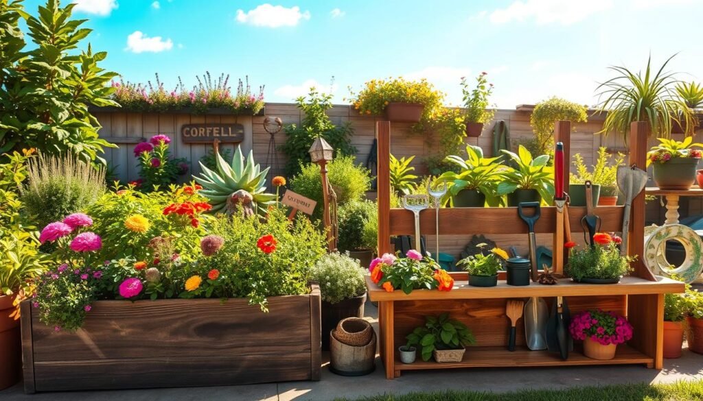 A vibrant garden scene depicting creative DIY garden tool organizer ideas. In the foreground, showcase a rustic wooden tool organizer adorned with colorful flowers, herbs, and decorative garden ornaments. The middle ground features a variety of lush green plants and shrubs, interspersed with handmade garden signs and whimsical sculptures, all basking in soft, natural sunlight. In the background, a clear blue sky and gentle white clouds add to the serene ambiance. The lighting should be bright yet soft, creating an airy and inviting atmosphere. The composition captures the essence of a clean and organized backyard workspace, emphasizing creativity and craftsmanship in home gardening.