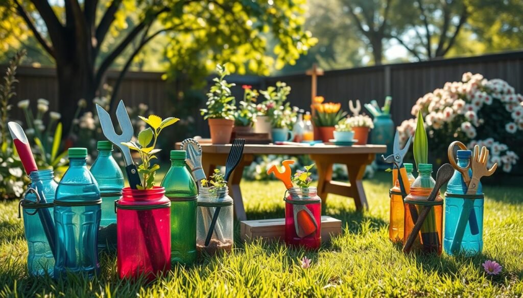 A vibrant garden scene filled with DIY recycled plastic bottle planters, artistically arranged to showcase their use as a garden tool organizer. In the foreground, colorful plastic bottles cut and transformed into small, functional storage units, holding tools like trowels, pruning shears, and seed packets, with lively plants sprouting from some of them. The middle ground features a rustic wooden table displaying additional gardening supplies alongside these creative containers, surrounded by lush green grass and blooming flowers. The background includes soft sunlight filtering through the leaves of nearby trees, creating a warm, inviting atmosphere. The image is captured with a wide-angle lens, emphasizing depth and detail, while maintaining a well-lit, airy ambiance that highlights the resourcefulness and creativity of using recycled materials in gardening.