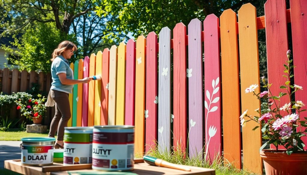 A vibrant garden scene showcasing a low-cost fence renovation idea, featuring a wooden fence panel newly painted in bright pastel colors. In the foreground, display paint cans and brushes, with a relaxed DIY enthusiast in modest casual clothing carefully applying a coat of paint. The middle ground includes the freshly painted fence adorned with decorative stencils of leaves and flowers, enhancing its visual appeal. In the background, a sunny backyard with lush greenery and blooming flowers creates an inviting atmosphere. The sunlight filters gently through the trees, casting soft shadows. The angle captures both the creative process and the beautiful transformation of the garden space, emphasizing the low-cost, DIY nature of the project.