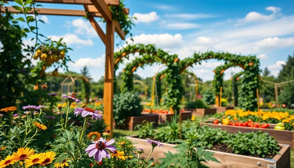 A vibrant, lush vegetable garden featuring raised garden beds filled with various colorful vegetables, nestled under a wooden trellis adorned with climbing plants and delicate flowers. In the foreground, bees and butterflies flutter around blooming flowers in shades of purple and yellow, enhancing the garden's liveliness. The middle ground showcases sturdy arches draped with green vines, leading the eye towards neatly organized rows of vegetables like tomatoes, cucumbers, and bell peppers. In the background, a serene blue sky with soft, white clouds filters gentle sunlight over the entire scene. The atmosphere feels warm and inviting, embodying the joy of gardening. Capture this picturesque setting using a wide-angle lens to highlight depth, illuminated with bright, natural light, ensuring details are crisp and clear.