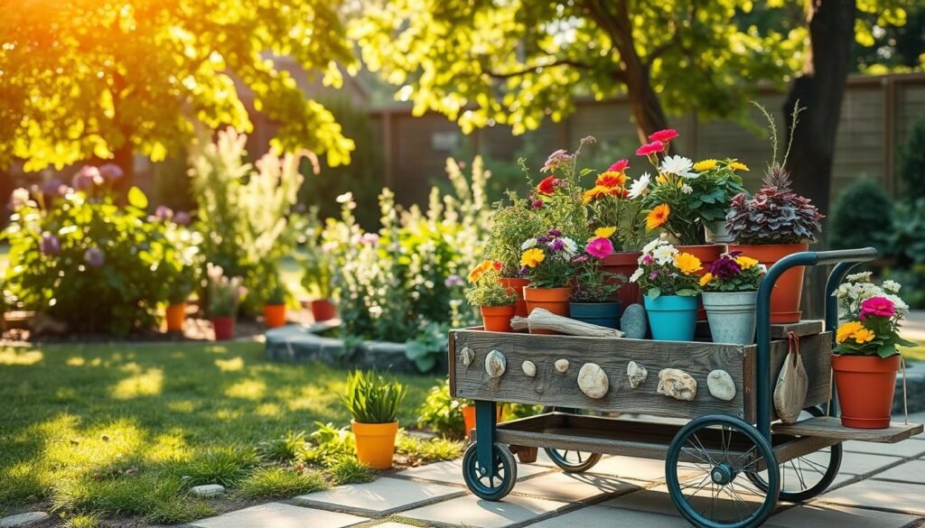 A vibrant outdoor setting featuring a handmade garden art piece integrated into a DIY rolling plant cart, showcasing creatively arranged pots of colorful flowers and herbs. In the foreground, the cart displays unique decorations, such as hand-painted stones and driftwood accents. The middle ground features lush greenery with various plants, some in bright ceramic pots enhancing the visual appeal. The background displays a gentle garden scene with soft sunlight filtering through leafy trees, creating dappled patterns on the ground. The atmosphere is warm and inviting, evoking a sense of tranquility and inspiration for gardening enthusiasts. Capture the image at a slight angle to emphasize the textures and details of the handmade art and plants, in bright, natural light emphasizing a cheerful, creative mood. A vibrant outdoor setting featuring a handmade garden art piece integrated into a DIY rolling plant cart, showcasing creatively arranged pots of colorful flowers and herbs. In the foreground, the cart displays unique decorations, such as hand-painted stones and driftwood accents. The middle ground features lush greenery with various plants, some in bright ceramic pots enhancing the visual appeal. The background displays a gentle garden scene with soft sunlight filtering through leafy trees, creating dappled patterns on the ground. The atmosphere is warm and inviting, evoking a sense of tranquility and inspiration for gardening enthusiasts. Capture the image at a slight angle to emphasize the textures and details of the handmade art and plants, in bright, natural light emphasizing a cheerful, creative mood.
