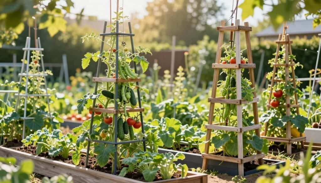 A vibrant vegetable garden showcasing an array of innovative trellis designs specifically for climbing plants. In the foreground, eye-catching trellises crafted from wood and metal support thriving vegetables like tomatoes, cucumbers, and peas, intertwining between the slats. The middle layer features lush greenery, with healthy plants climbing up the trellises toward the sun. In the background, a soft-focus of a bright, sunny day enhances the atmosphere, with dappled sunlight filtering through leaves, creating a warm, inviting environment. The scene captures the essence of a DIY garden space, highlighting practical and aesthetic aspects of vegetable-specific trellis ideas. The lighting is natural and bright, evoking a sense of growth and vitality, all shot from a slight angle to give depth to the composition.