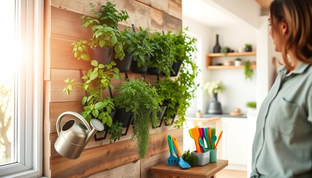 A vibrant vertical herb garden attached to a rustic wooden wall, showcasing a variety of lush herbs like basil, rosemary, and mint in eco-friendly planters. In the foreground, a person in modest casual clothing gently tends to the herbs, using a watering can to nurture the plants. The warm sunlight streams in from the side, creating soft shadows that accentuate the greenery. In the middle ground, a variety of colorful gardening tools are neatly arranged on a small table, adding a homely touch. The background features a bright, open kitchen space with light, airy decor, emphasizing a cozy and inviting atmosphere as if inviting viewers to embrace their own gardening project. The overall mood is cheerful and encouraging, inspiring creativity in small space gardening.