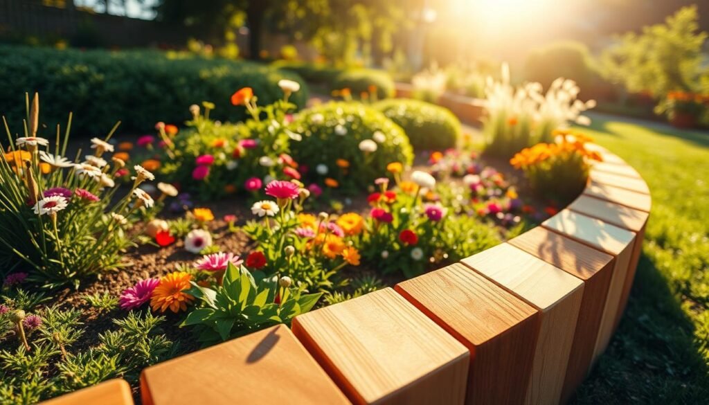 A vibrant wooden landscape edging prominently displayed in the foreground, showcasing various types of untreated cedar, oak, and redwood planks. The middle ground features a lush garden bed filled with colorful flowers and green shrubbery, creating a harmonious blend of textures. In the background, a gently blurred garden landscape under bright, natural sunlight, filled with soft sunlight casting intricate shadows, evoking a warm and inviting atmosphere. The perspective is slightly above eye-level, captured with a wide-angle lens to emphasize the beauty of the wooden borders against the vibrant plant life. The overall mood is serene and peaceful, perfect for illustrating the concept of choosing the right wood material for garden borders.