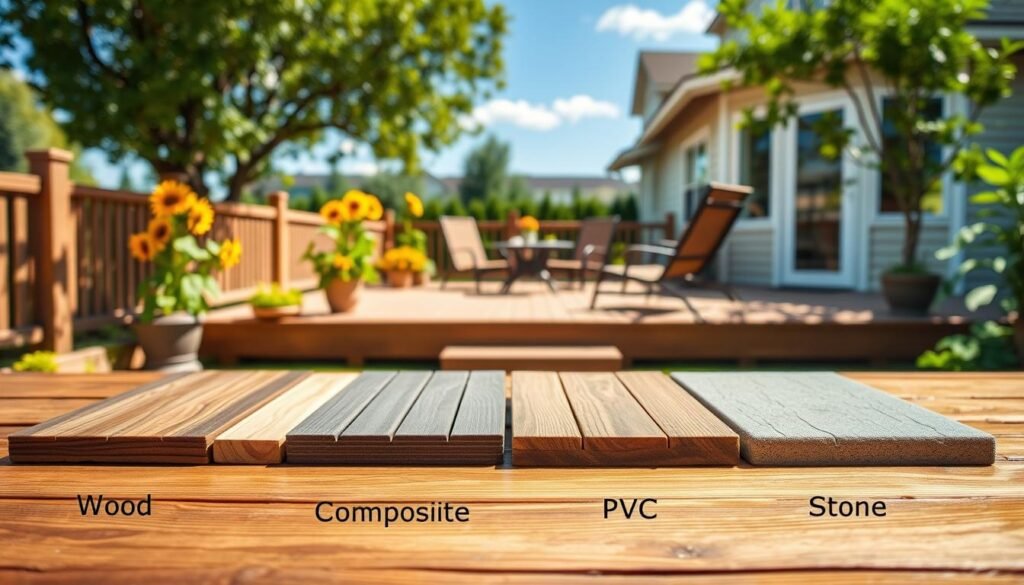 A visually informative comparison of various decking materials laid out in an appealing backyard setting. In the foreground, showcase four distinct decking samples—wood, composite, PVC, and stone—arranged on a wooden table, each labeled for clarity. In the middle ground, feature a well-maintained deck with vibrant greenery, outdoor furniture, and sunflowers, bathed in bright, natural light. The background should include a soft-focus view of a charming home and a clear blue sky, suggesting a pleasant day. Use a wide-angle lens perspective to capture the entire scene, emphasizing the inviting atmosphere of outdoor living. The overall mood should be bright, airy, and welcoming, perfect for inspiring deck improvement ideas.