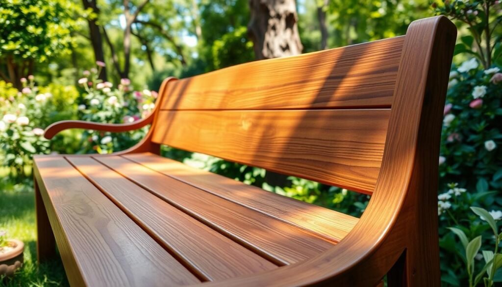 A weather-resistant wooden bench, crafted from rich teak wood, showcasing a smooth, polished surface that gleams under soft, natural sunlight. The bench is positioned in a lush green garden, surrounded by blooming flowers and a backdrop of trees, creating a serene outdoor setting. In the foreground, the bench’s durable construction is evident with robust joints and thoughtful finishing that enhance its aesthetic appeal and longevity. The middle section captures the intricate grain patterns of the wood, highlighting its natural beauty and weatherproof finish. The lighting is warm and inviting, casting gentle shadows that emphasize the bench’s contours. The overall atmosphere is peaceful and inviting, perfect for enjoying nature, evoking a sense of relaxation and durability. A weather-resistant wooden bench, crafted from rich teak wood, showcasing a smooth, polished surface that gleams under soft, natural sunlight. The bench is positioned in a lush green garden, surrounded by blooming flowers and a backdrop of trees, creating a serene outdoor setting. In the foreground, the bench’s durable construction is evident with robust joints and thoughtful finishing that enhance its aesthetic appeal and longevity. The middle section captures the intricate grain patterns of the wood, highlighting its natural beauty and weatherproof finish. The lighting is warm and inviting, casting gentle shadows that emphasize the bench’s contours. The overall atmosphere is peaceful and inviting, perfect for enjoying nature, evoking a sense of relaxation and durability.