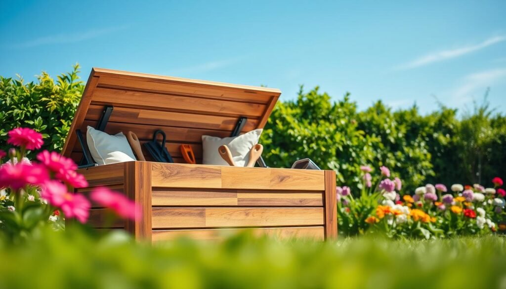 A weatherproof outdoor storage box made from durable, water-resistant materials, set against a lush green garden backdrop. In the foreground, focus on the intricately designed wood texture and sleek metal hinges of the storage box, showcasing its functionality and style. The middle ground features various garden tools and plush cushions neatly stored inside, emphasizing organization. The background includes vibrant flowers and a clear blue sky, illuminated by soft, natural sunlight, creating a warm and inviting atmosphere. The composition should suggest an airy, well-lit environment, captured at a slightly elevated angle to highlight both the box's features and the surrounding garden landscape.