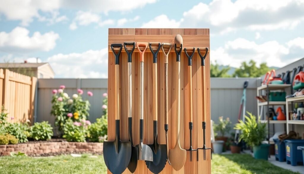 A well-crafted DIY garden tool rack designed for long-handled tools stands prominently in the foreground. The rack features sturdy wooden boards with a natural finish, showcasing a variety of garden tools such as rakes, shovels, and hoes neatly organized in their designated slots. In the middle ground, a lush garden with blooming flowers and green foliage adds a vibrant touch, while to the side, gardening supplies are visible in a tidy arrangement. The background displays a bright, sunny backyard with a soft blue sky and fluffy clouds, enhancing the inviting atmosphere. The lighting is bright and natural, casting gentle shadows that accentuate the textures of the wood and tools. The scene evokes a sense of order and functionality, perfect for a serene gardening space.
