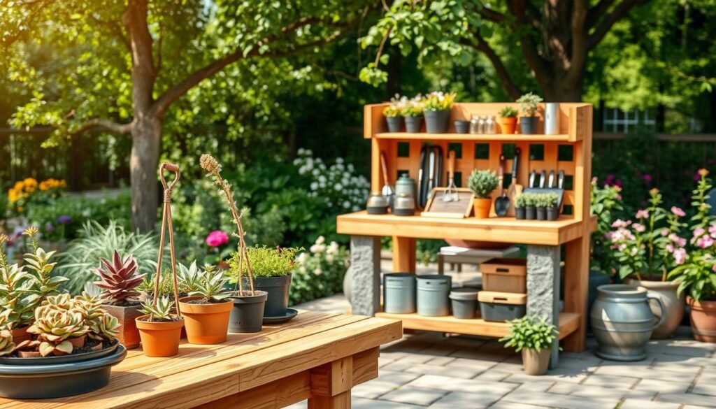 A well-crafted outdoor potting bench made from durable materials like weather-resistant wood, metal, and stone. In the foreground, show a beautifully organized workspace with potted plants, potting soil, and gardening tools neatly arranged. The middle section features the sturdy bench itself, showcasing its robust construction, with a natural finish that blends seamlessly with the outdoor environment. In the background, lush greenery and colorful flowers enhance the serene garden atmosphere. The scene is bathed in bright natural light, with soft sunlight filtering through the tree leaves, creating a warm and inviting mood. Capture the image from a slightly elevated angle to emphasize the bench's functionality and its integration into the garden setting. A well-crafted outdoor potting bench made from durable materials like weather-resistant wood, metal, and stone. In the foreground, show a beautifully organized workspace with potted plants, potting soil, and gardening tools neatly arranged. The middle section features the sturdy bench itself, showcasing its robust construction, with a natural finish that blends seamlessly with the outdoor environment. In the background, lush greenery and colorful flowers enhance the serene garden atmosphere. The scene is bathed in bright natural light, with soft sunlight filtering through the tree leaves, creating a warm and inviting mood. Capture the image from a slightly elevated angle to emphasize the bench's functionality and its integration into the garden setting.