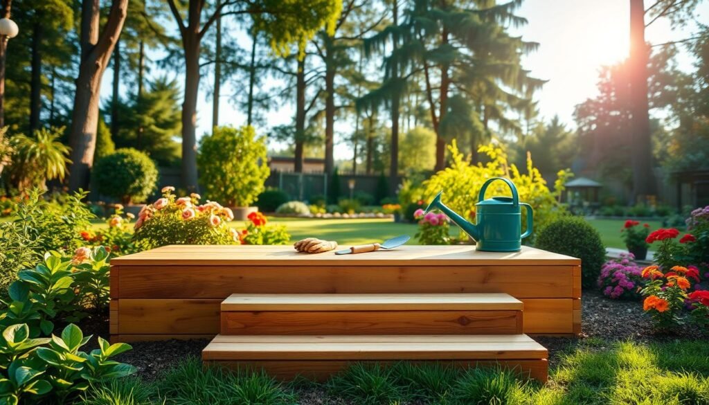 A well-designed garden step platform made of natural wood, featuring three wide, sturdy steps leading up to a lush backyard garden. The foreground showcases the platform with a smooth finish, surrounded by green plants and colorful flower beds, creating a harmonious, inviting atmosphere. In the middle, include various gardening tools like a trowel, gloves, and a watering can, emphasizing practicality. The background is filled with tall trees and a bright blue sky, illuminated by soft, warm sunlight filtering through the leaves, creating a serene and cheerful mood. Capture the scene from a slightly elevated angle to showcase depth, enhancing the inviting nature of the gardening space.