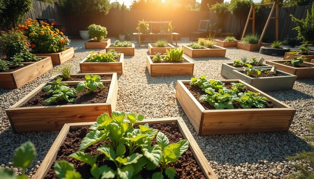A well-designed raised garden bed layout, showcasing multiple rectangular wooden planters filled with vibrant vegetables and flowering plants. In the foreground, a close-up view reveals rich soil and healthy green leaves. The middle ground features a variety of garden beds arranged in an organized pattern, set on a textured gravel path. In the background, a sunny sky filters through soft, bright sunlight, casting gentle shadows on the beds. Surrounding elements include flowering shrubs and a small trellis for climbing plants. The atmosphere is cheerful and inviting, conveying a sense of tranquility and dedication to gardening. The image is captured with a wide-angle lens to emphasize depth, highlighting the layout's symmetry and detail.