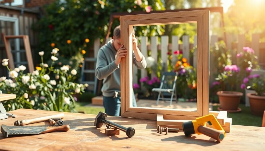 A well-lit outdoor workshop scene focused on the assembly of a DIY garden mirror frame. In the foreground, tools like a saw, hammer, and screws are neatly arranged on a workbench beside partially assembled wooden frame pieces. The middle ground features a person in modest casual clothing carefully measuring and aligning the wooden boards, showcasing a step-by-step assembly process. The background reveals a vibrant garden with blooming flowers and greenery, bathed in soft sunlight, creating a serene atmosphere. The scene captures the craftsmanship of woodworking, with a bright, airy feel, highlighting the joy of creating custom garden decor. The image should evoke a sense of creativity and accomplishment, free of any text or distractions.