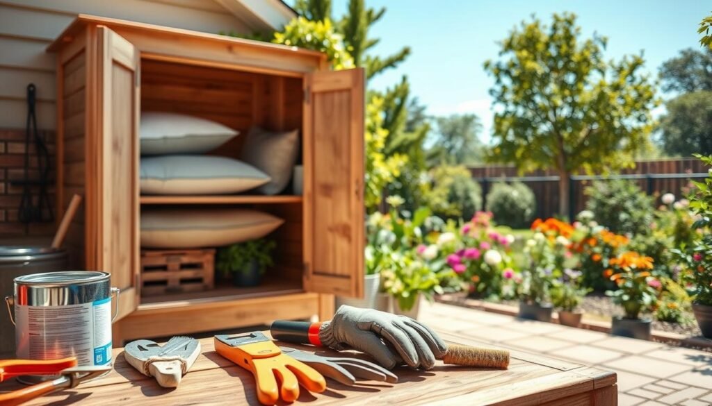 A well-maintained DIY outdoor storage cabinet situated in a bright, sunny backyard, crafted from weather-resistant wood. In the foreground, plush garden tools like pruners and gloves are neatly arranged on a workbench, along with a paint can and brush, showcasing maintenance activities. The middle ground features the storage cabinet, slightly open, revealing neatly stored cushions and gardening supplies inside, with greenery peeking out from the sides. In the background, a lush garden is visible, filled with vibrant flowers and trees under a clear blue sky. The scene is bathed in soft, natural light, evoking a serene and inviting atmosphere. The camera angle is slightly elevated, capturing the entire setup harmoniously. The overall mood is one of organization and care in outdoor space management.