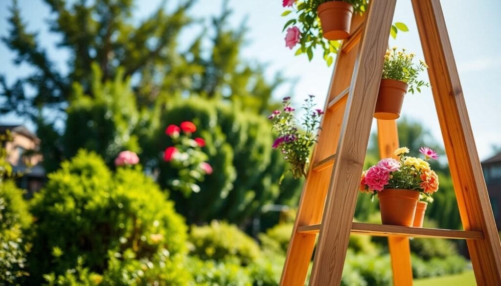 A well-maintained garden ladder stand displayed in a serene garden setting, showcasing vibrant potted plants in various stages of bloom. In the foreground, the ladder made of natural wood is clearly visible, polished with a fresh coat of sealer, highlighting its texture. The middle ground features a lush array of colorful flowers and herbs, arranged artistically on the ladder's steps. In the background, a soft-focused view of green shrubs and a clear blue sky creates a tranquil atmosphere. Bright, natural sunlight filters through the leaves, casting gentle shadows and enhancing the vivid colors of the plants. The overall mood is inviting and peaceful, emphasizing care and maintenance in an outdoor decor setup. The angle captures the ladder stand at eye level, inviting viewers to appreciate the craftsmanship and beauty of the arrangement.