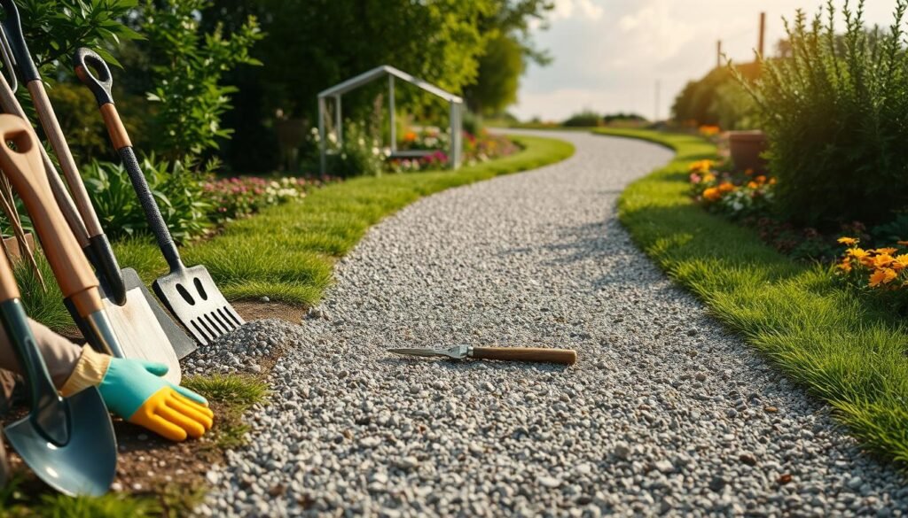 A well-maintained gravel garden path meandering through a lush green landscape, showcasing various gravel maintenance tools like a rake, shovel, and a broom neatly arranged on the side. In the foreground, a pair of hands wearing gardening gloves is gently leveling the gravel with a rake, while a garden trowel rests nearby. The middle ground features a clear view of the gravel path, highlighting its texture and the surrounding vibrant flower beds. The background includes a sunny sky filtered through soft clouds, casting an inviting, warm light over the scene. The atmosphere is serene and welcoming, suggesting a peaceful, well-cared-for outdoor space, ideal for gardening enthusiasts. Focus on a natural, realistic aesthetic executed in high detail. A well-maintained gravel garden path meandering through a lush green landscape, showcasing various gravel maintenance tools like a rake, shovel, and a broom neatly arranged on the side. In the foreground, a pair of hands wearing gardening gloves is gently leveling the gravel with a rake, while a garden trowel rests nearby. The middle ground features a clear view of the gravel path, highlighting its texture and the surrounding vibrant flower beds. The background includes a sunny sky filtered through soft clouds, casting an inviting, warm light over the scene. The atmosphere is serene and welcoming, suggesting a peaceful, well-cared-for outdoor space, ideal for gardening enthusiasts. Focus on a natural, realistic aesthetic executed in high detail.