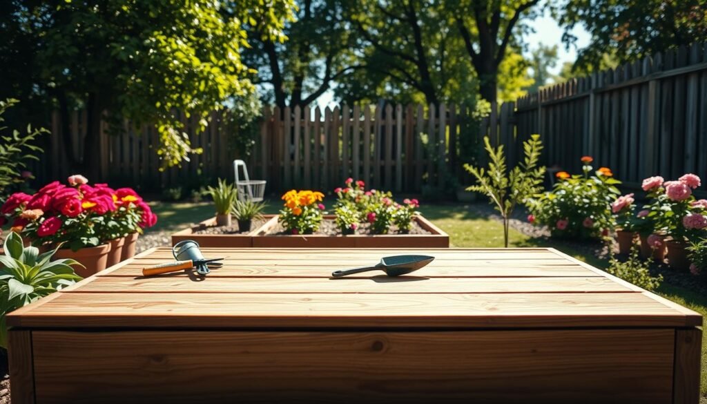 A well-maintained wooden garden step platform in a serene backyard setting, showcasing detailed textures of the wood grain and the surrounding lush greenery. In the foreground, gardening tools like a small trowel and watering can rest on the steps, hinting at maintenance tasks. The middle ground features vibrant flower beds and neatly pruned shrubs, all in bright, soft sunlight that casts gentle shadows. In the background, a rustic fence complements the natural ambience, while sunlight filters through leafy trees, creating a tranquil and inviting atmosphere. The scene captures a nurturing, efficient space for DIY gardening, emphasizing care and long-term maintenance of the step platform. The image should be airy and well-lit, evoking a sense of peace and dedication to backyard gardening.