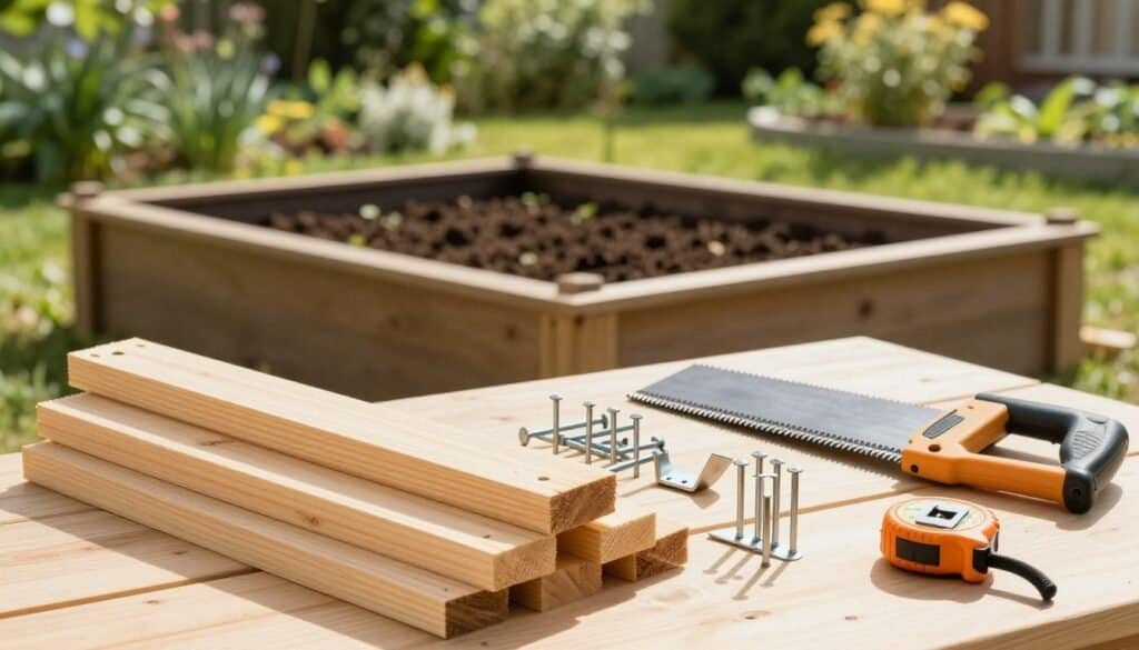 A well-organized DIY garden bed construction scene featuring essential materials and tools. In the foreground, display a pile of cedar wood planks, nails, and brackets arranged neatly. Include a sturdy saw and a measuring tape next to them, hinting at the building process. In the middle ground, depict a partially assembled garden bed with soil ready for planting, showcasing the craftsmanship. The background should feature a lush green garden bathed in bright natural light, with soft sunlight filtering through trees, casting pleasing shadows. Capture the essence of a productive outdoor workspace with a warm, inviting atmosphere. The angle should be slightly elevated, providing a comprehensive view of the materials and the growing garden.