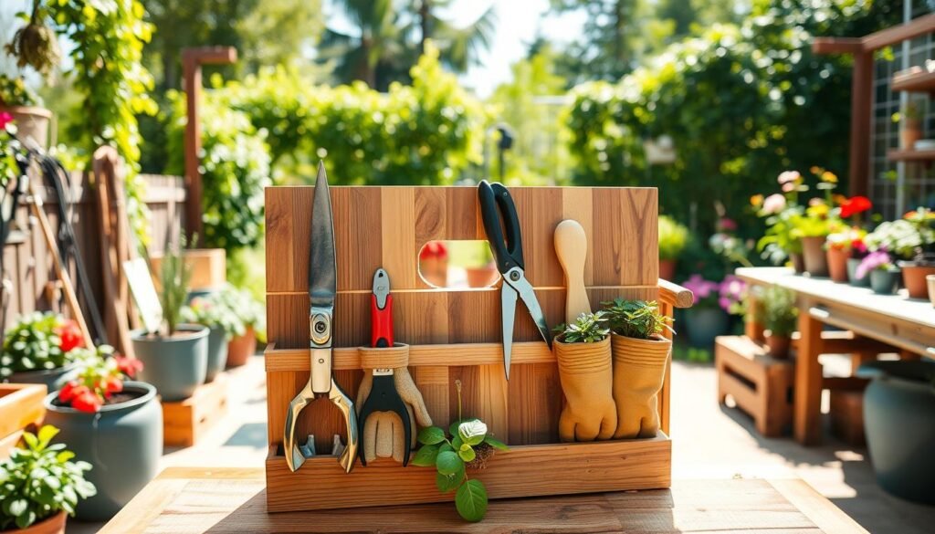 A well-organized DIY garden tool organizer displayed prominently in a bright, airy backyard workspace. In the foreground, the organizer is crafted from reclaimed wood, showcasing neatly arranged tools like a trowel, pruning shears, and gloves. The middle ground features a wooden workbench surrounded by planters filled with vibrant flowers and herbs. In the background, a lush green garden under soft sunlight creates an inviting atmosphere, with a few garden decorations subtly placed among the plants. The scene captures a professional and creative mood, highlighting the satisfaction of DIY projects. The lighting is bright and natural, emphasizing the textures of the wood and the vibrant colors of the plants. The angle is a slightly elevated perspective to encompass both the tool organizer and the surrounding workspace, making it feel open and inspiring.